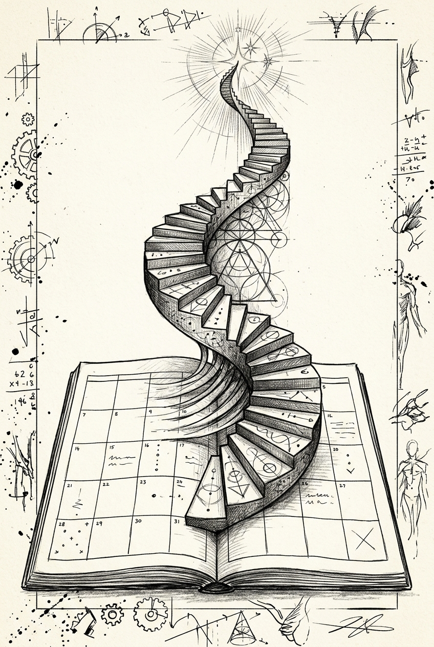 Spiral staircase rising from an open book, DNA-like ascent