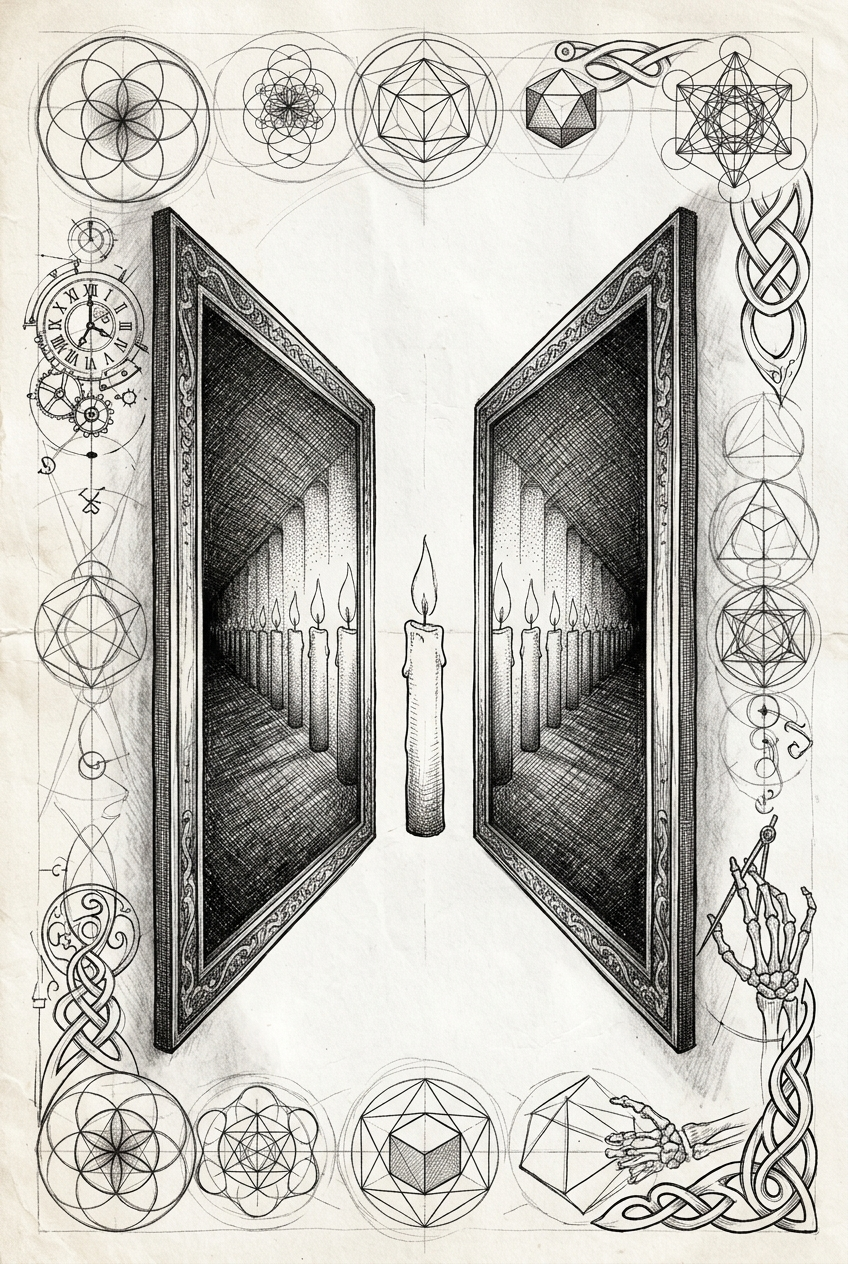 A single candle flame reflected infinitely in facing mirrors — dedication
