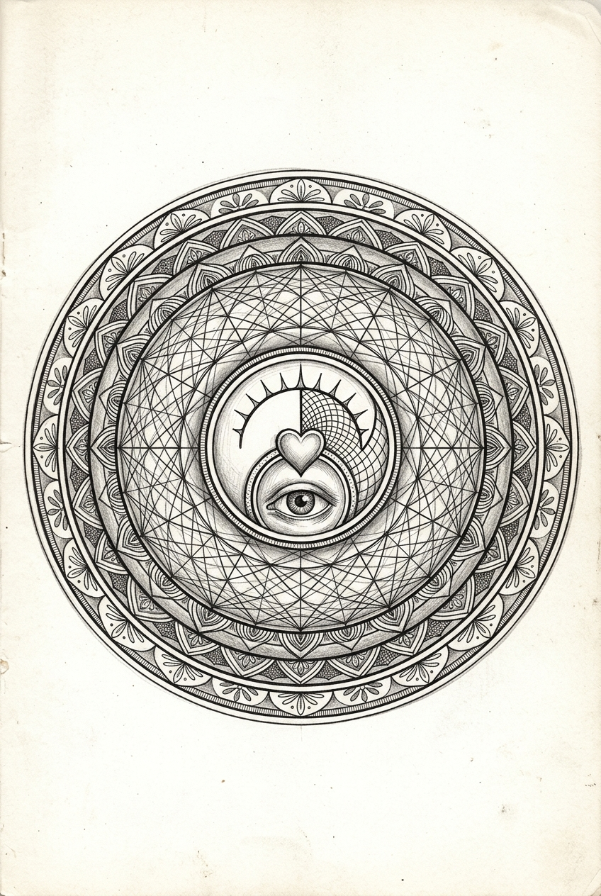 Concentric mandala with heart and eye at center — the master pattern