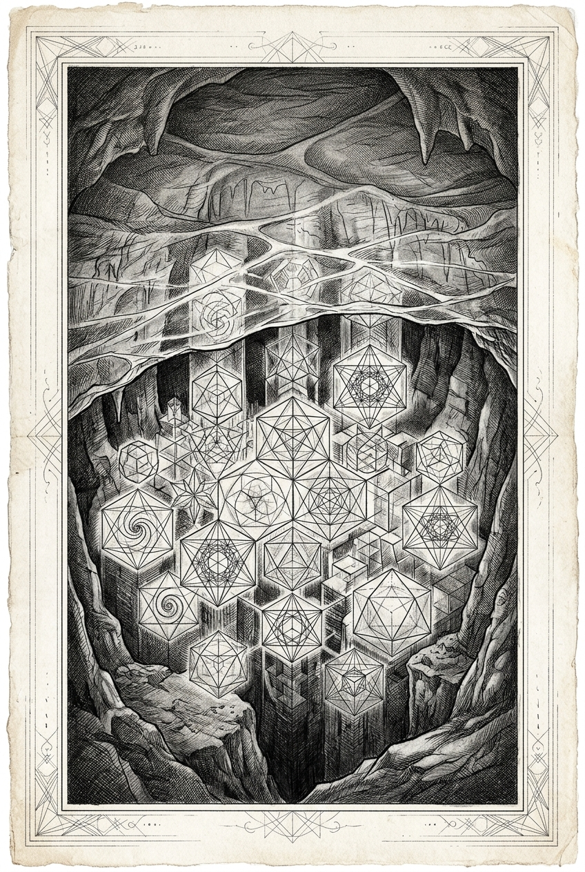 Underground cavern with geometric structures viewed through a membrane