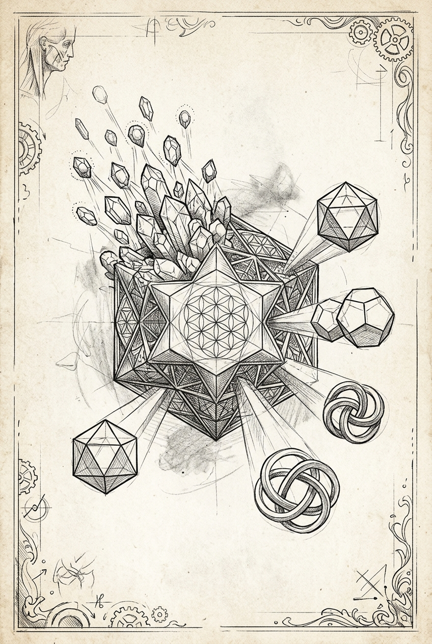 Geometric forms rising from tangled base, thought projected as structure