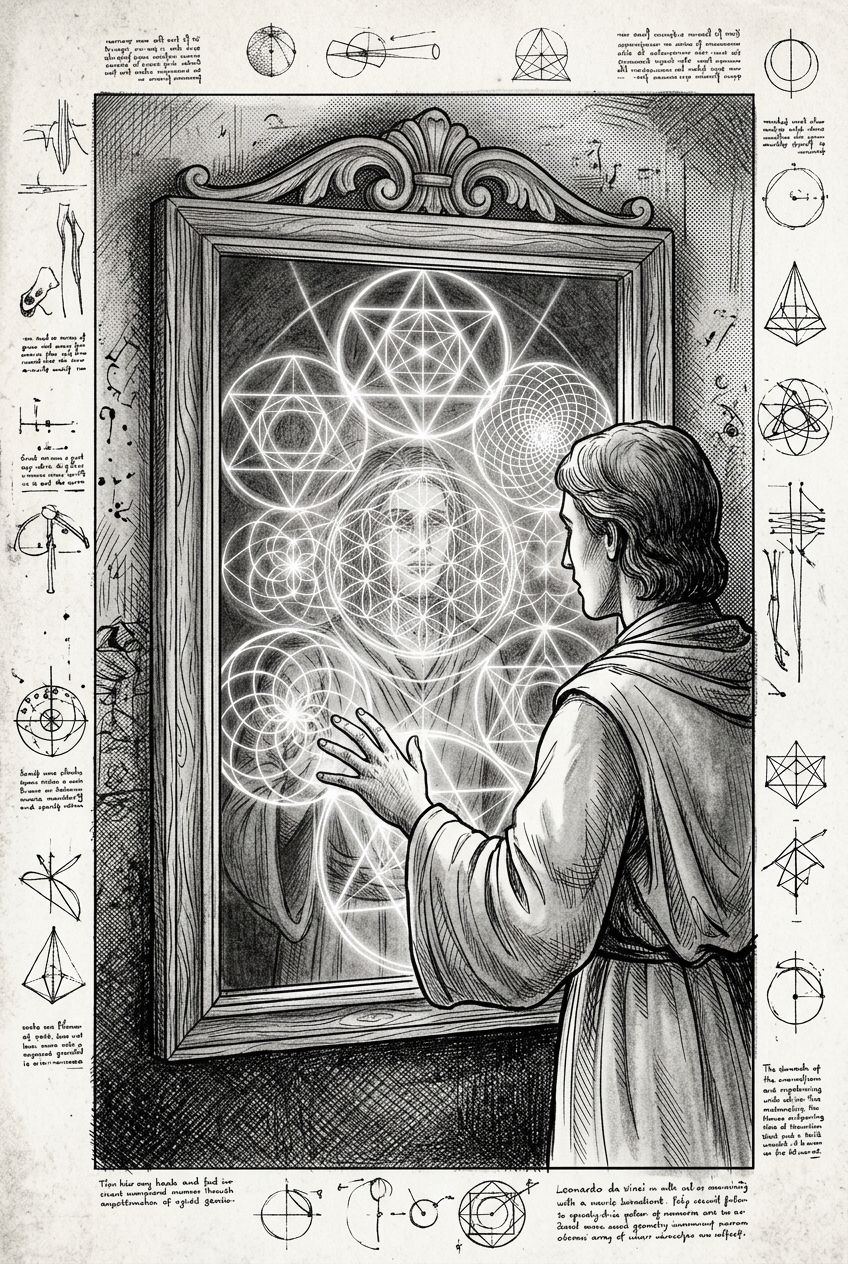 Figure looking into mirror seeing sacred geometry and consciousness