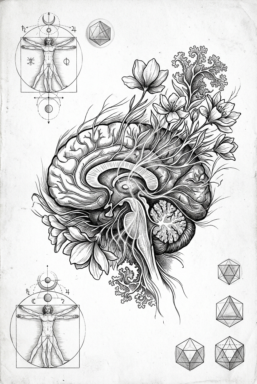 Brain cross-section blooming into flowers and geometric forms