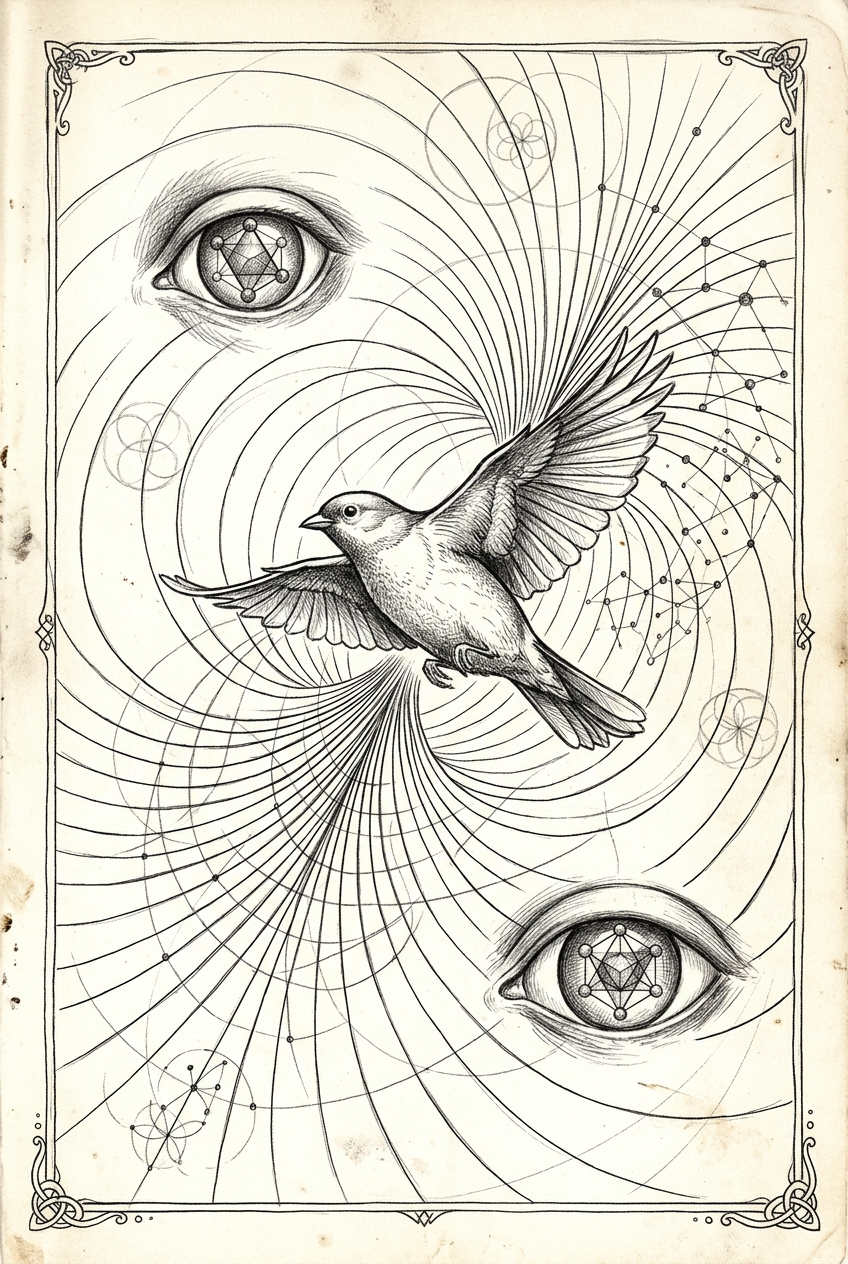 Bird in flight with eye and flowing field lines