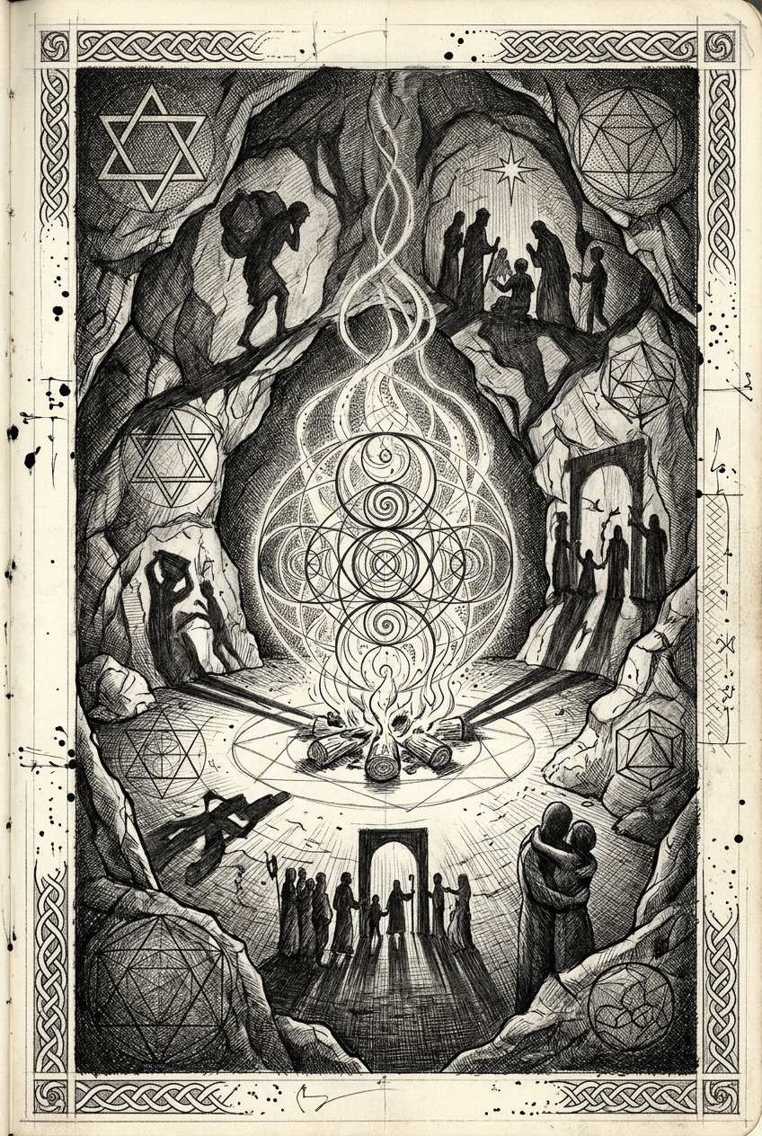 Cave gathering around luminous central geometry like an ancient fire