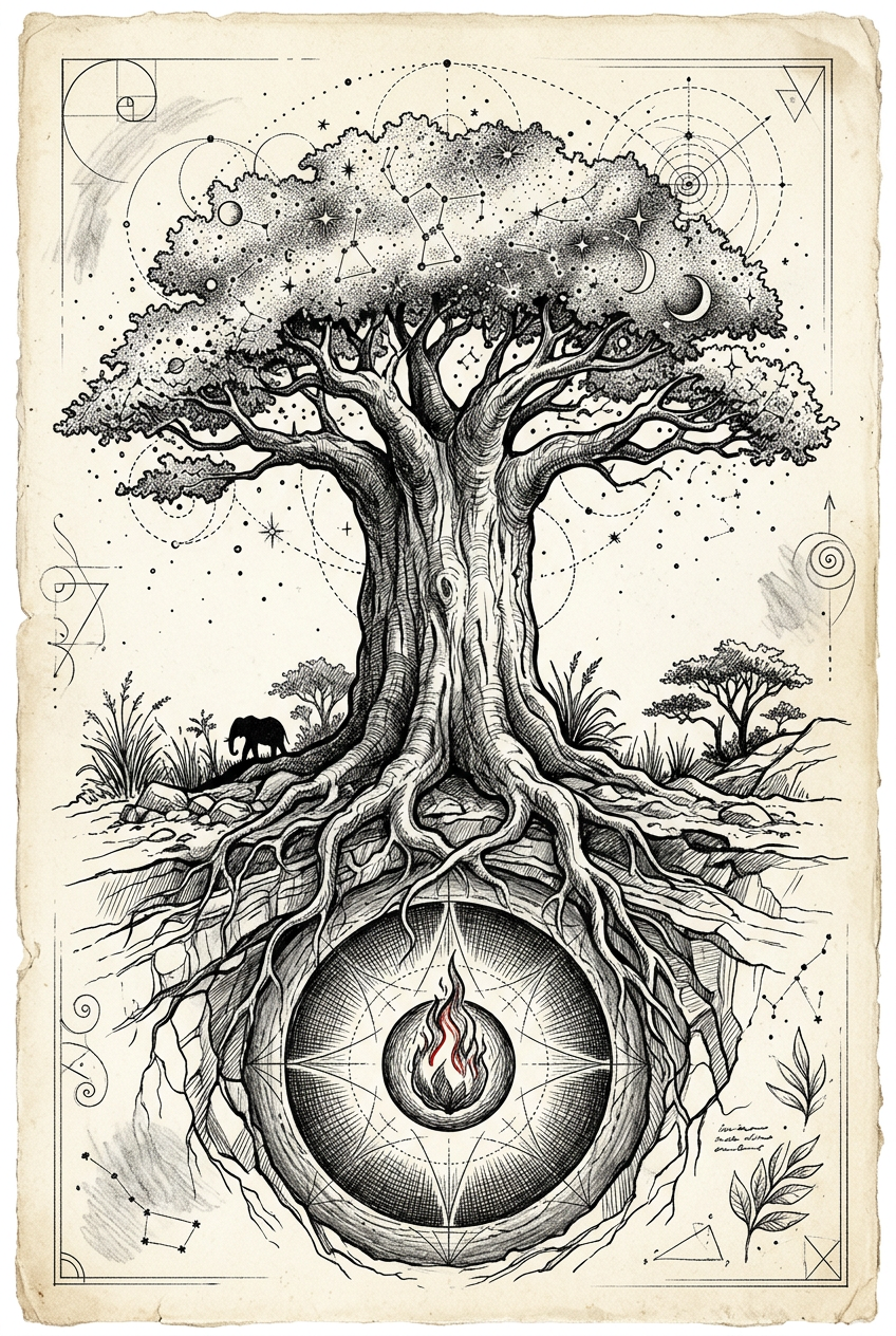Baobab-like tree with deep roots around central flame of light