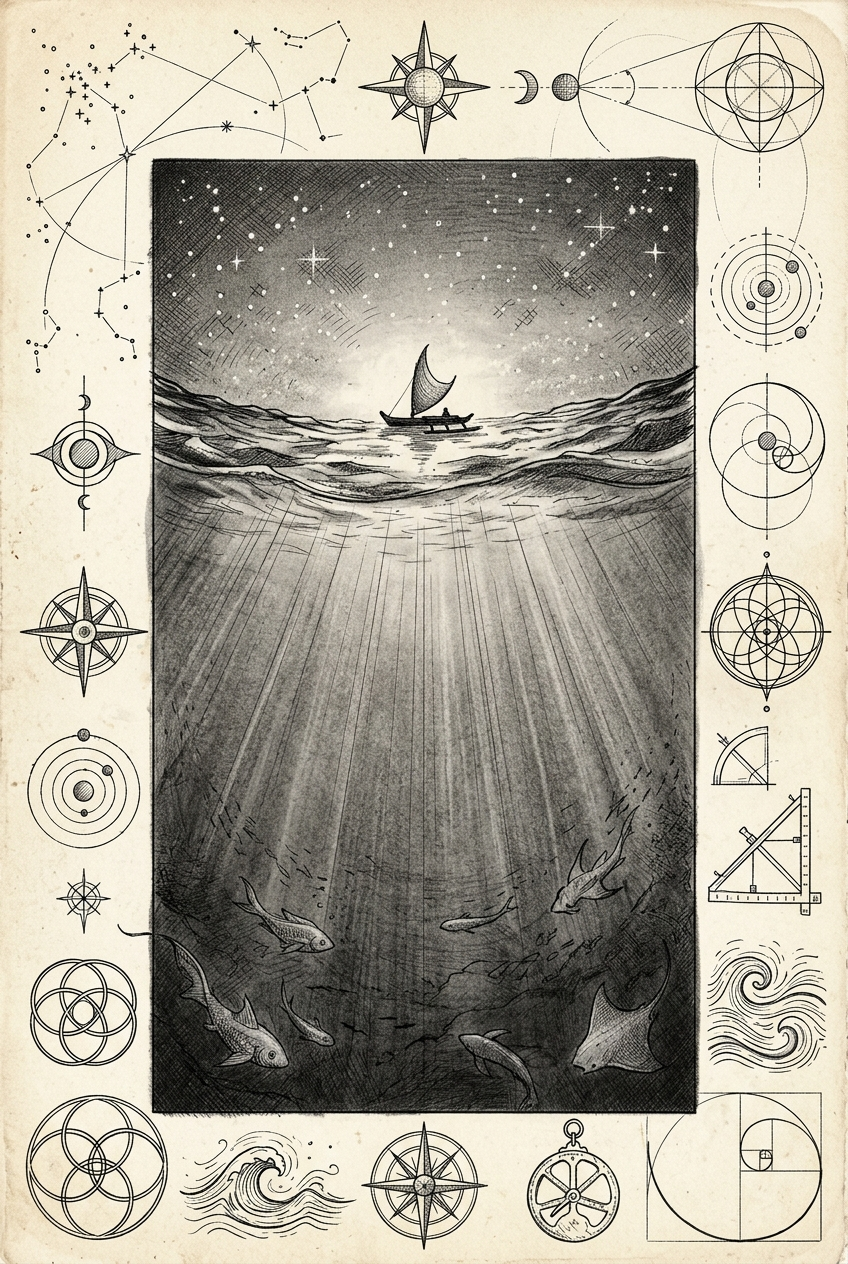 Ocean seen from below with canoe silhouette and light rays descending