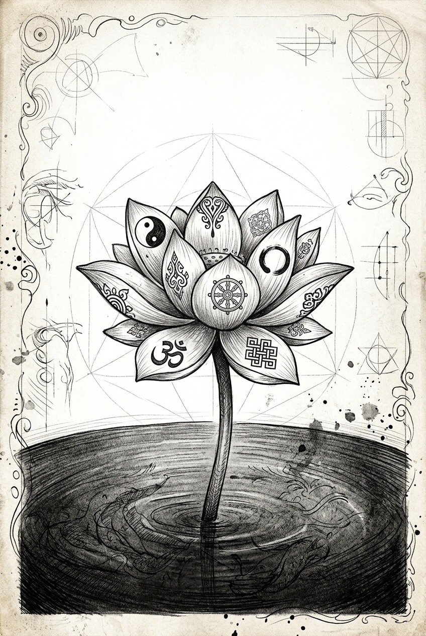 Lotus with Asian symbols on petals rising from deep water
