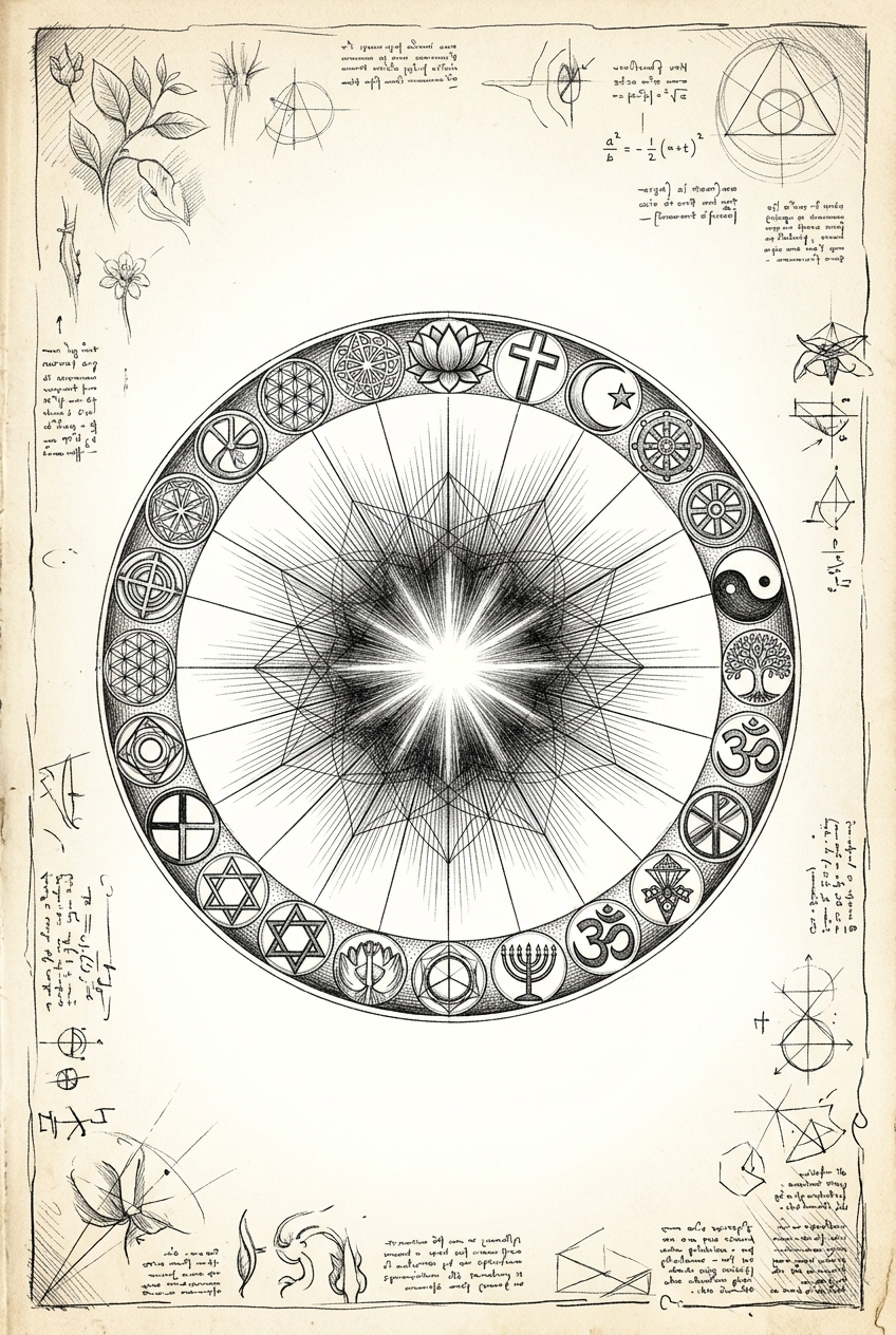 Circle of world spiritual symbols facing inward to shared star-center