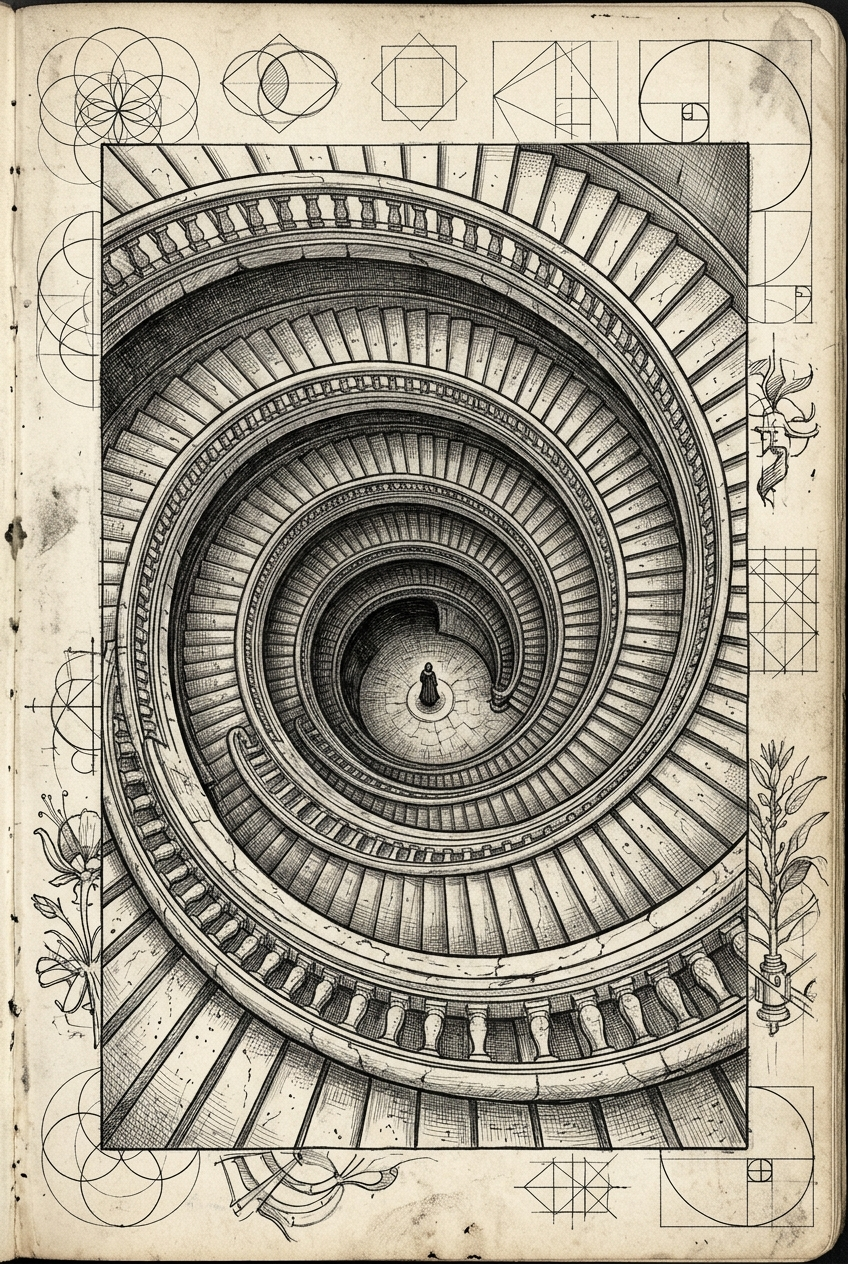 Spiral staircase viewed from above, descending and ascending inward