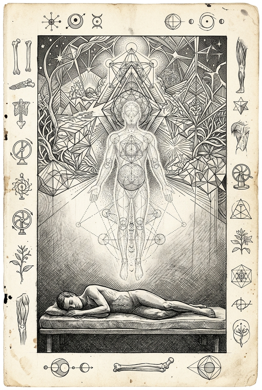 Luminous subtle body rising above resting physical body