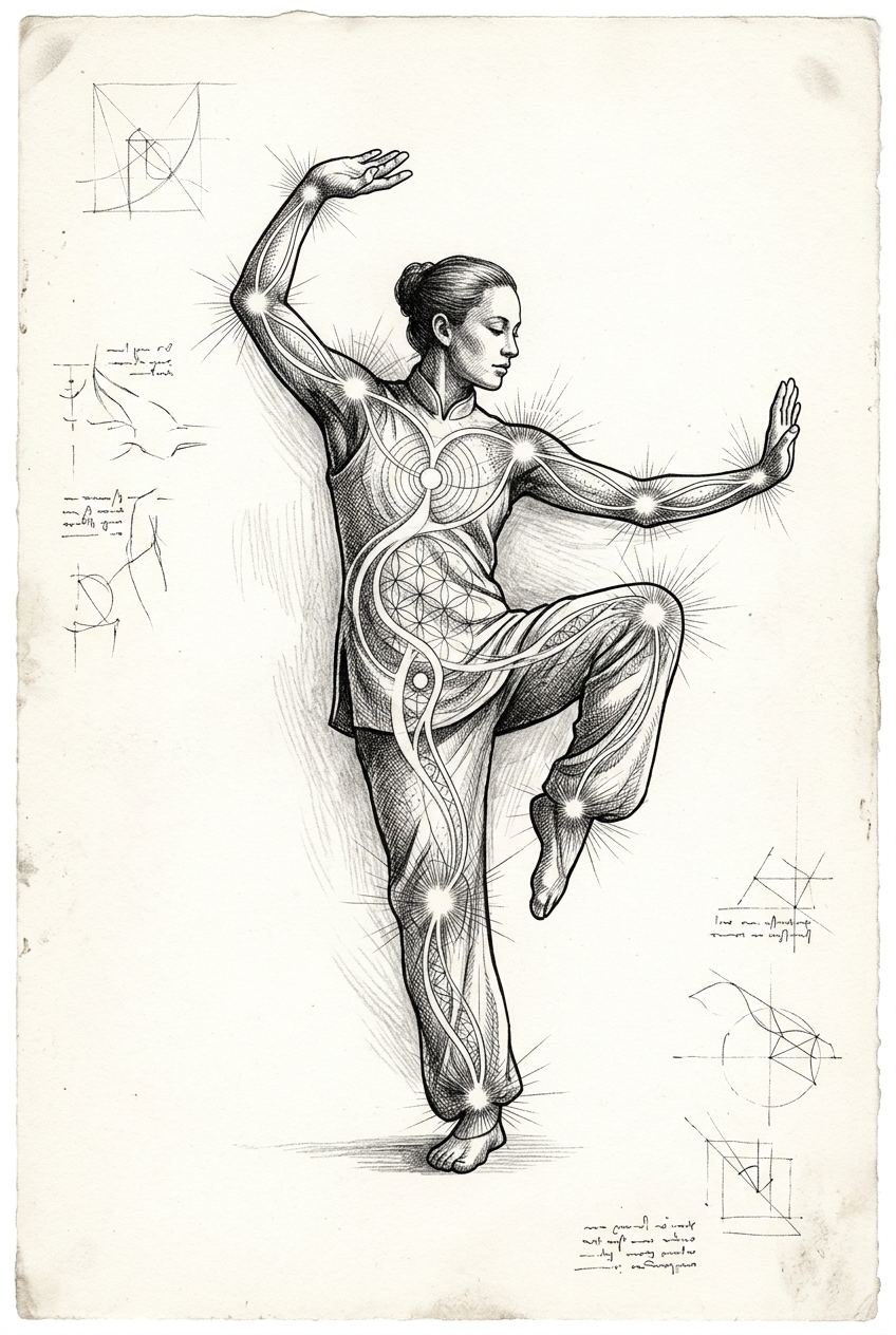 Anatomical figure in Leonardo da Vinci style with sacred geometry overlay
