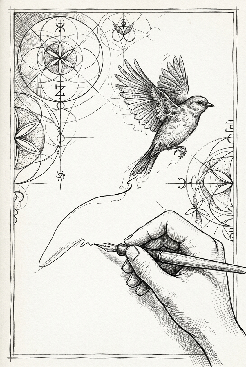 Artist's hand drawing a bird that takes flight from the page
