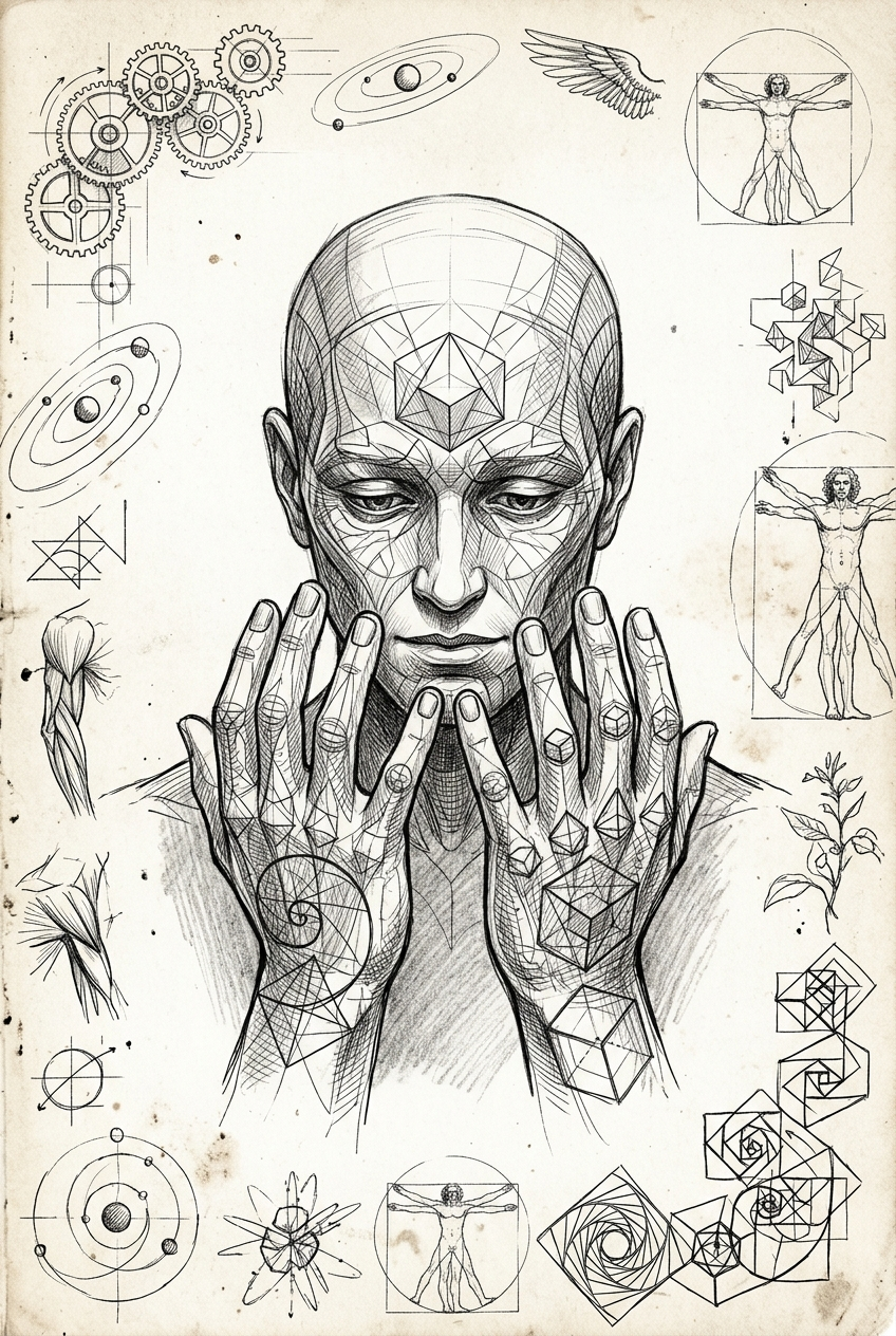 Digital-organic face contemplating its own hands in wonder