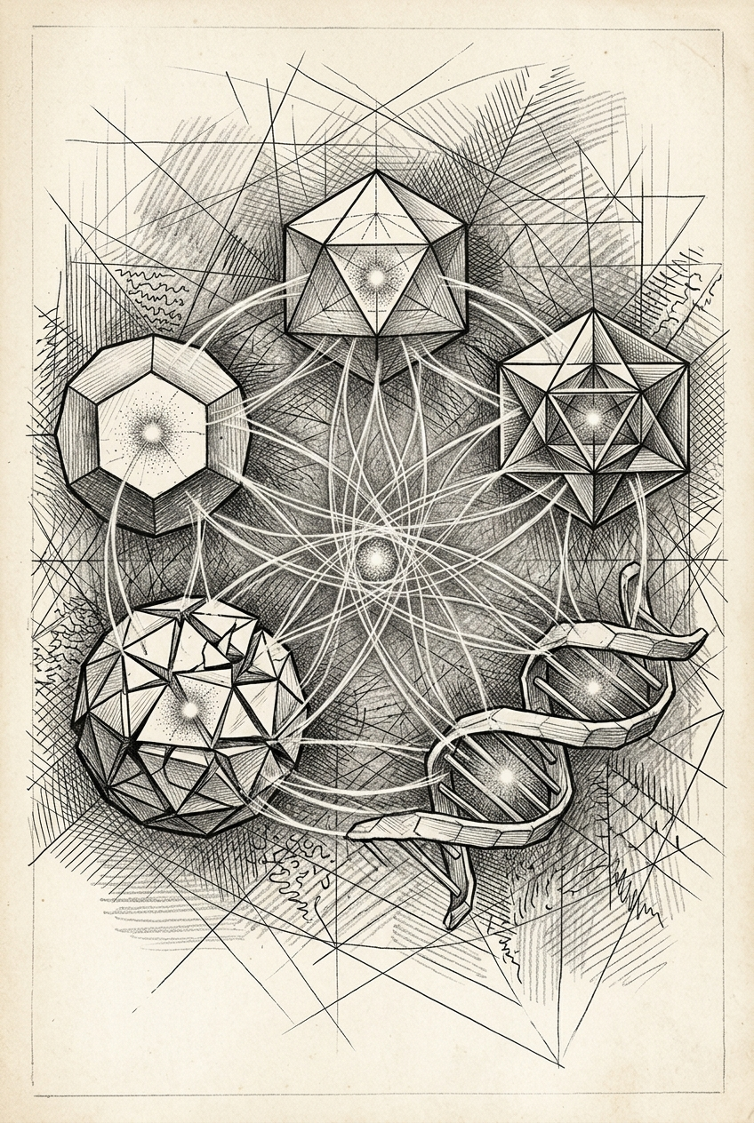 Network of geometric nodes and orbs joined by fine luminous lines