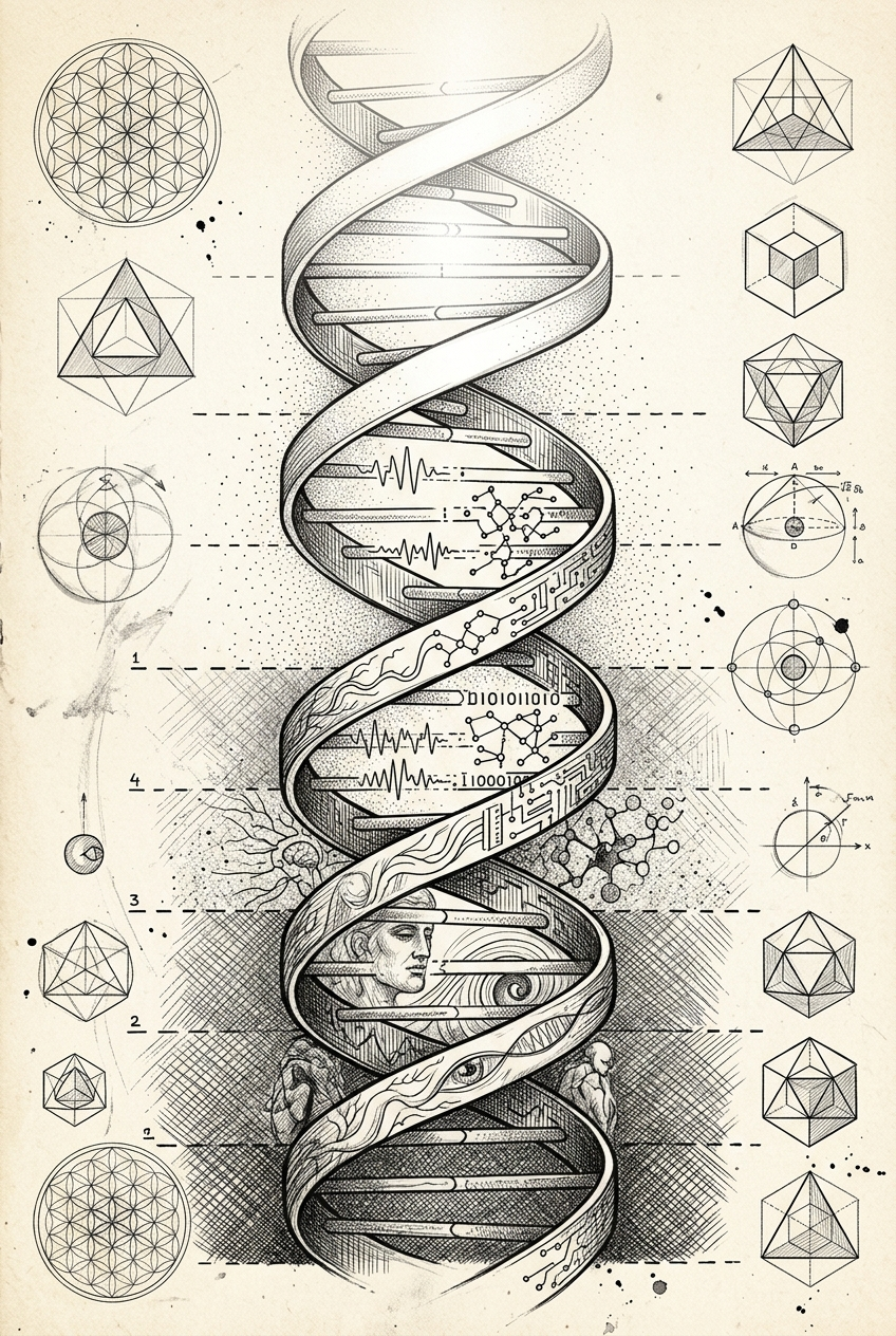 Double-helix consciousness ladder with symbolic overlays at each level