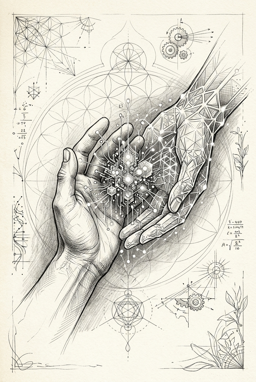 Hands cradling a luminous cluster, supporting emergence
