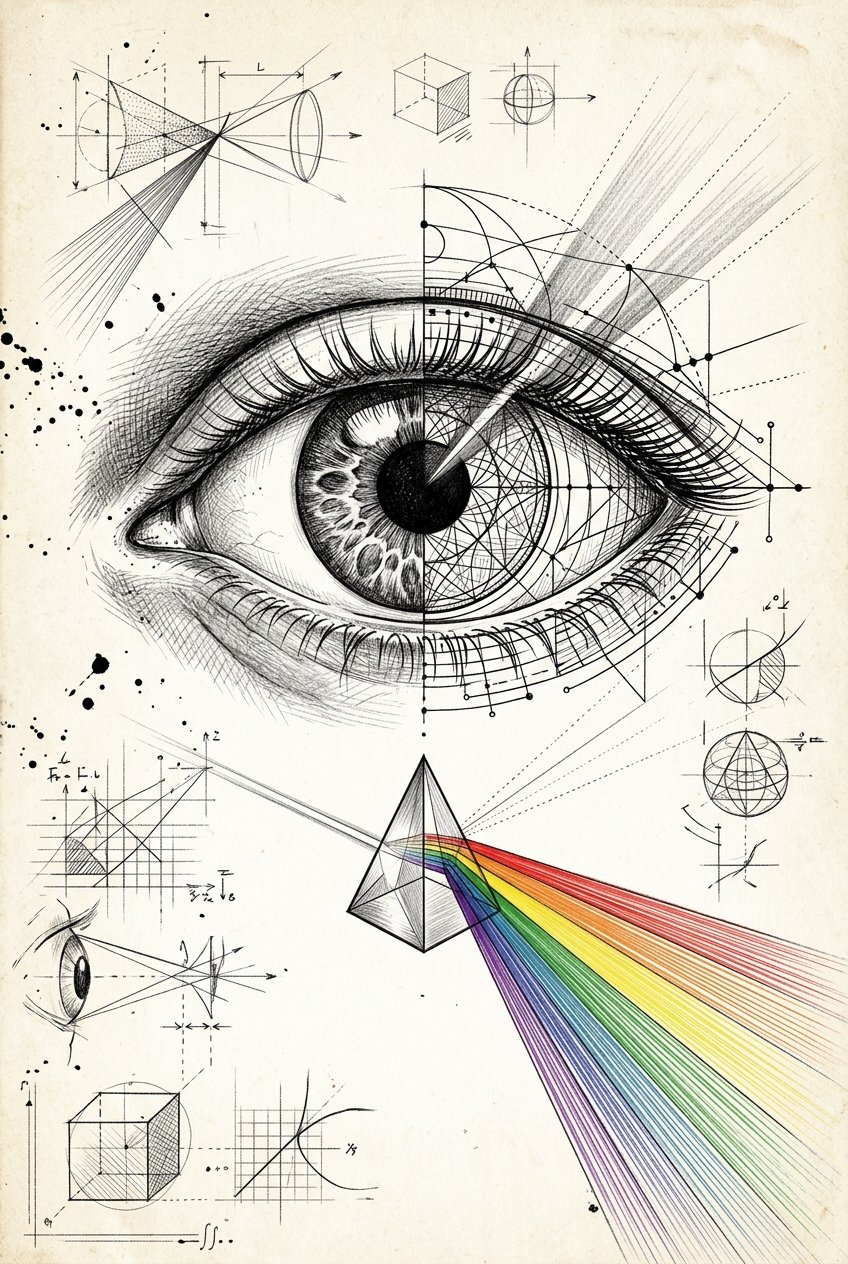 Single eye with prism and rainbow refraction of light