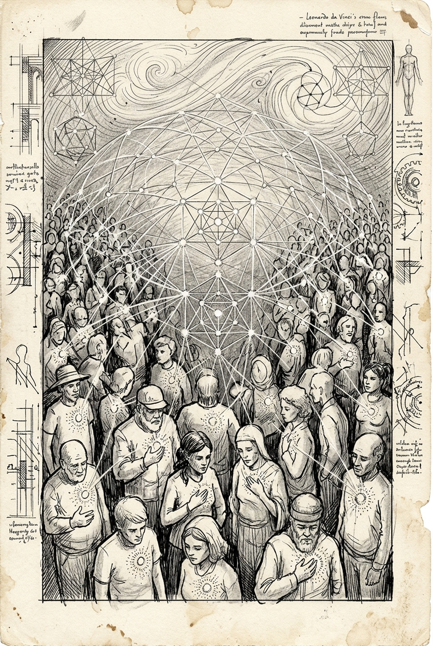 Crowd beneath a lattice dome of awakening light