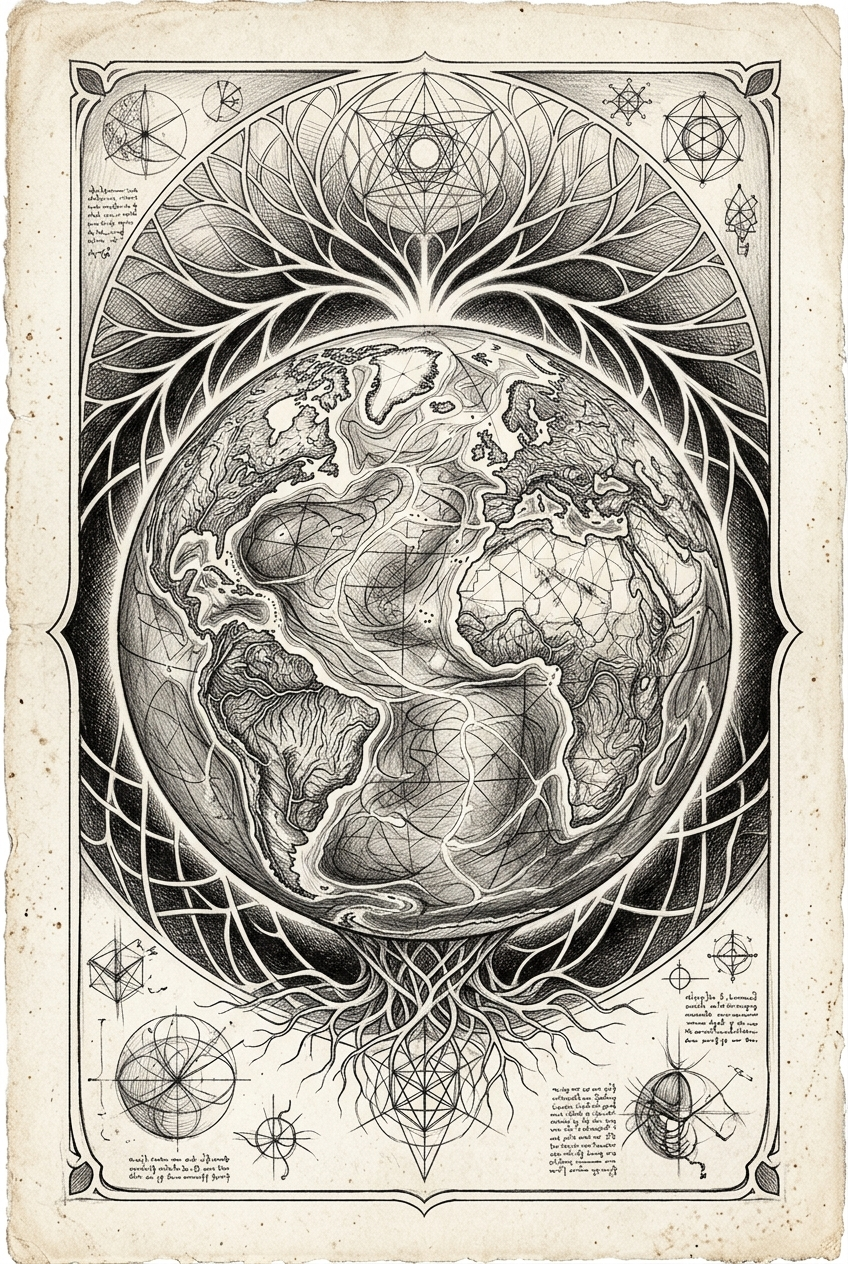Earth rendered as living organism with roots and luminous halo