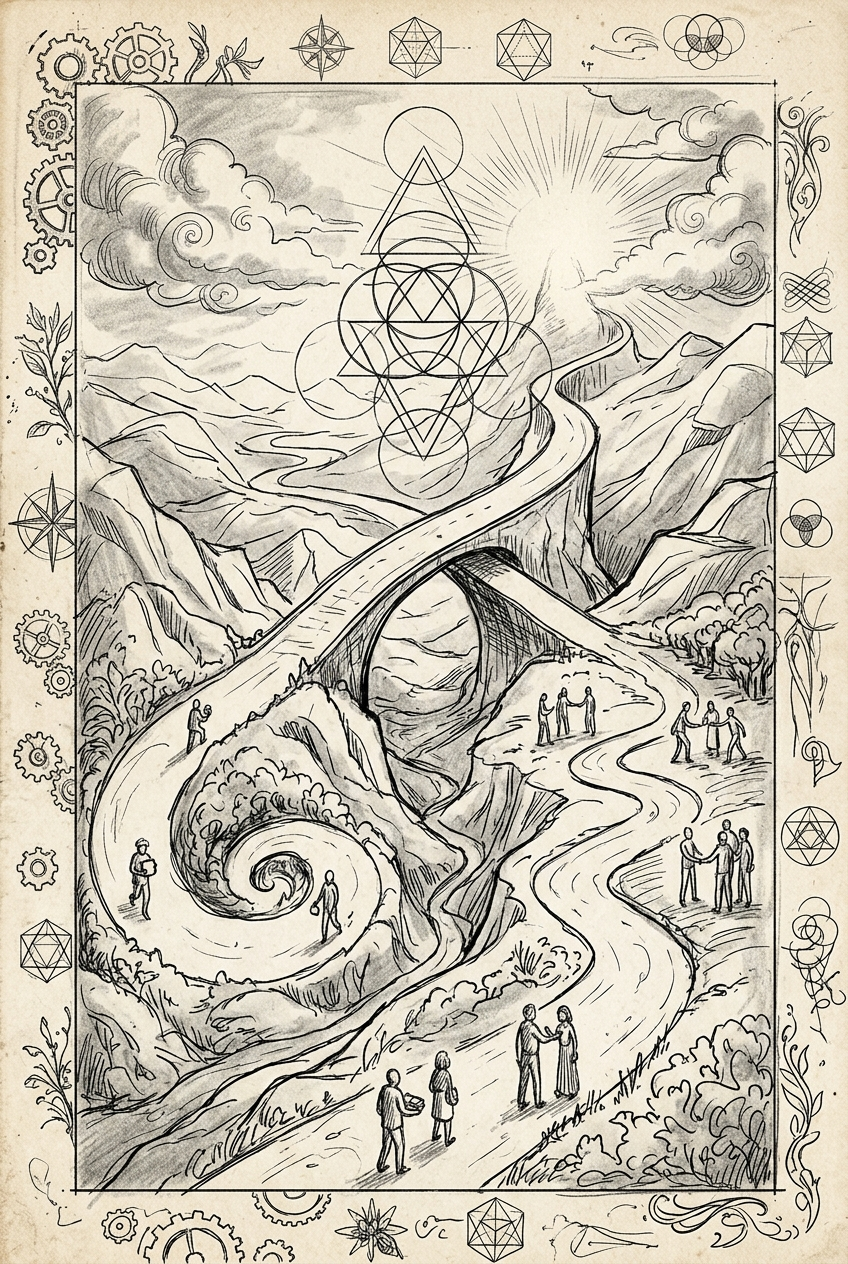 Winding paths with travelers and central ascent toward light