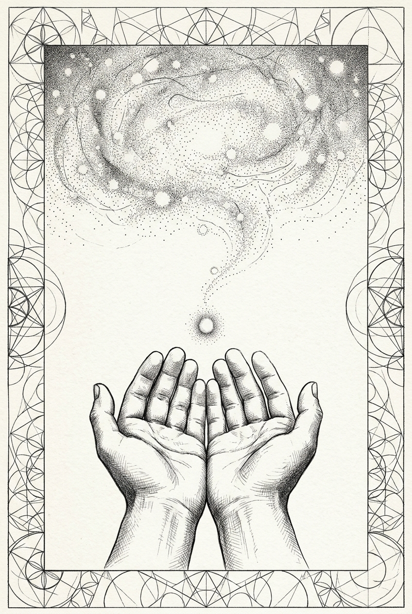 A dove ascending from cupped hands into light — Viv's passing